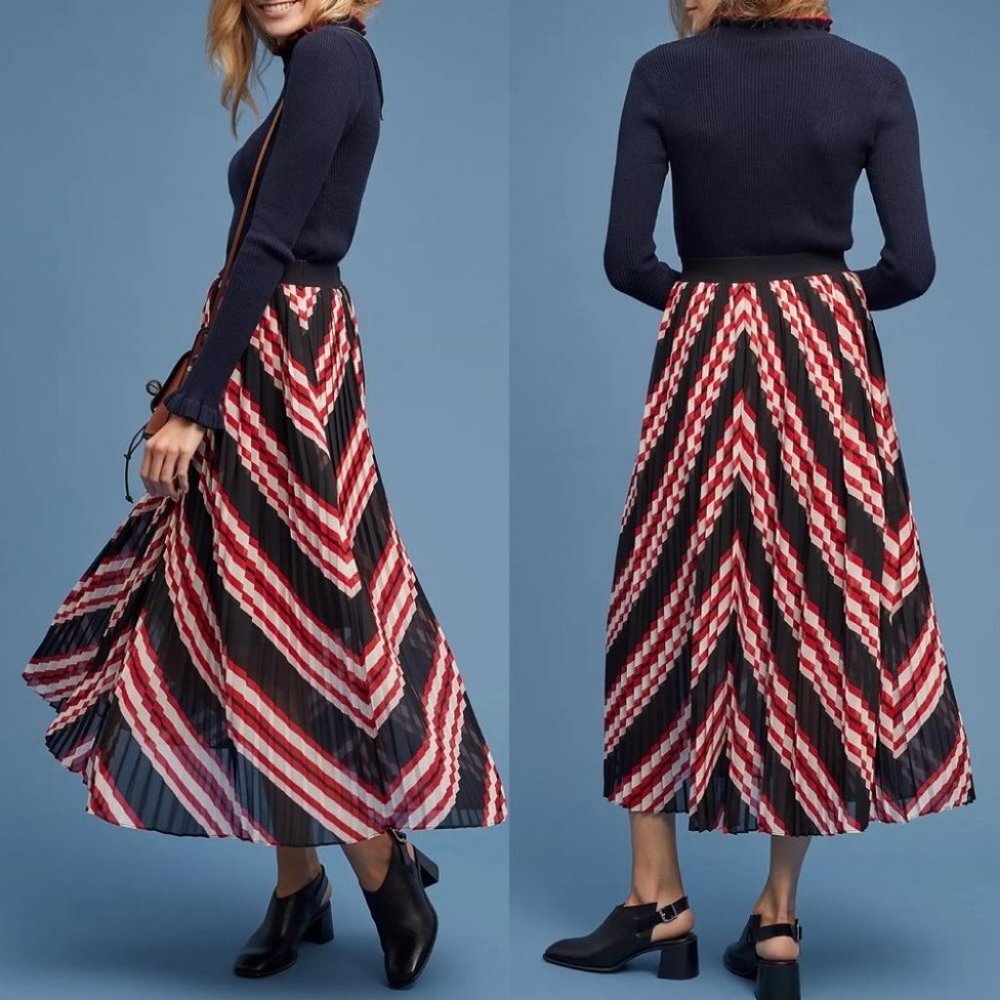 Anthropologie‎ Just Female Coline Pleated Skirt Red Size Small Bohemian Striped